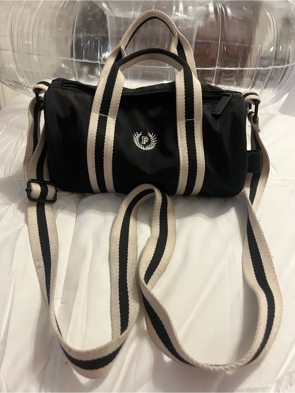 Black Mini Duffel Crossbody Bag with Cream-Trim Straps